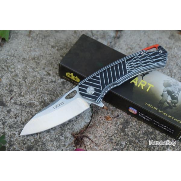 Couteau Y-START Lame Acier Sandvik 14C28N Satin Manche Plaquettes Black/Gray G10 Linerlock Clip