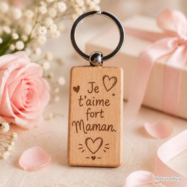 Je t'aime fort Maman - Porte cl�s en bois rectangulaire