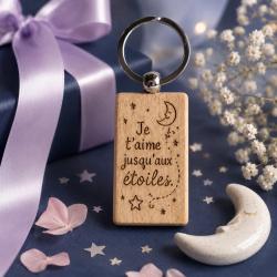 Je t'aime jusqu'aux &eacute;toiles - Porte cl&eacute;s en bois rectangulaire