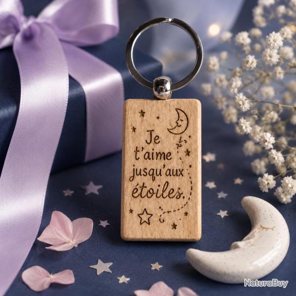Je t'aime jusqu'aux �toiles - Porte cl�s en bois rectangulaire