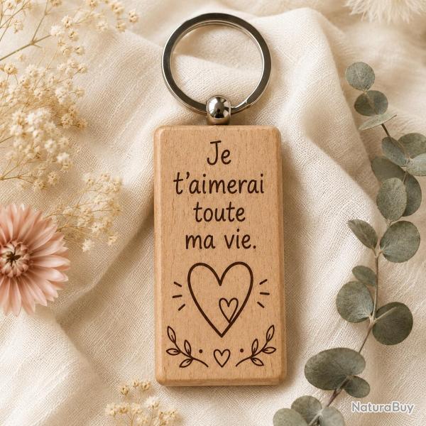 Je t'aimerai toute ma vie - Porte cl�s en bois rectangulaire