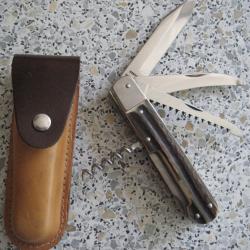 Couteau de Chasse pliant MIKOV avec 4 outils et &eacute;tui Cuir 2 tons