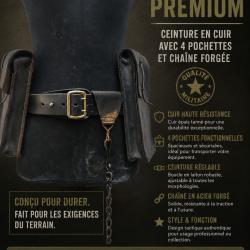 Ceinturon militaire cuir, pochettes et cha&icirc;ne en acier forg&eacute;