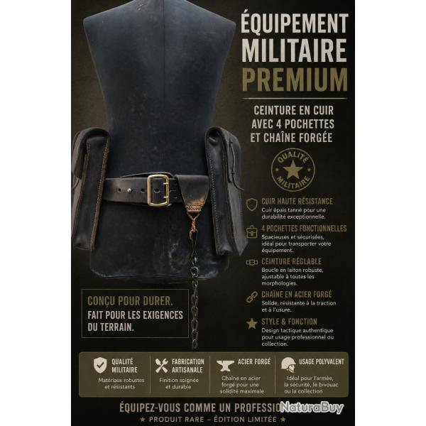 Ceinturon militaire cuir, pochettes et cha�ne en acier forg�