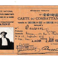 CARTE DU COMBANT --COMITE DEPARTEMENTAL D'AISNE  EN 1936