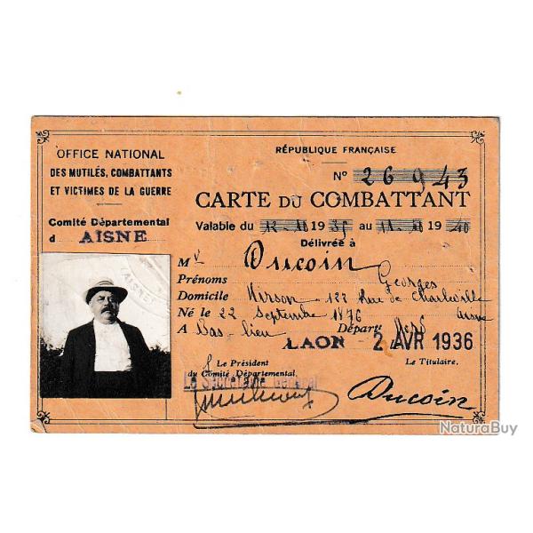 CARTE DU COMBANT --COMITE DEPARTEMENTAL D'AISNE  EN 1936
