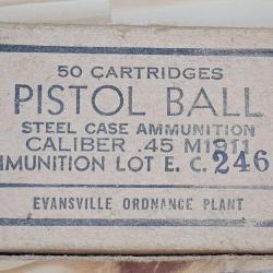 RARE ! 50 cartouches neutralis&eacute;es cal. 45 ACP de 1942, fabrication Evansville en bo&icirc;te d'origine