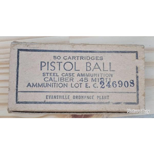 RARE ! 50 cartouches neutralis�es cal. 45 ACP de 1942, fabrication Evansville en bo�te d'origine