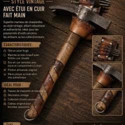 Marteau de charpentier style vintage et son &eacute;tui en cuir