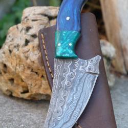 Couteau Skinner Damas Lame Upswept Acier 256 Couches Manche 2 Bois Etui Cuir Fabric Artisanale