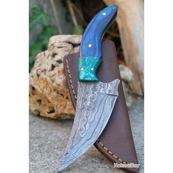 Couteau Skinner Damas Lame Upswept Acier 256 Couches Manche 2 Bois Etui Cuir Fabric Artisanale