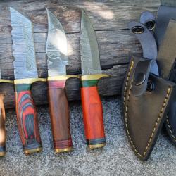 LOT DE 4 Couteau Skinner Damas Lame 256 Couches Manche Bois Fab Artisanale Etui Simili Cuir 01
