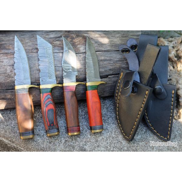 LOT DE 4 Couteau Skinner Damas Lame 256 Couches Manche Bois Fab Artisanale Etui Simili Cuir 01