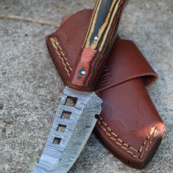 Couteau Skinner Lame Acier Damas 256 Couches Manche Bois Tigre Etui Cuir Port Horizon Fab Artisanale