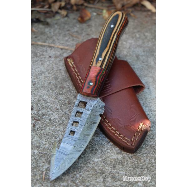 Couteau Skinner Lame Acier Damas 256 Couches Manche Bois Tigre Etui Cuir Port Horizon Fab Artisanale