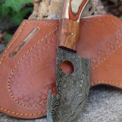 Couteau Skinner Lame Guthook Acier Damas 256 Couches Manche Bois Beau Etui Cuir Fabric Artisanale