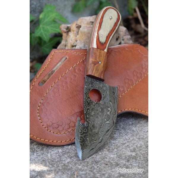 Couteau Skinner Lame Guthook Acier Damas 256 Couches Manche Bois Beau Etui Cuir Fabric Artisanale