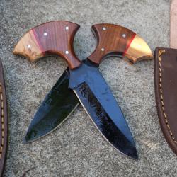 Lot de 2 Couteau Push Dagger Lame Acier Carbone 1055 Black Manche Bois Etui Cuir Fabric Artisanale