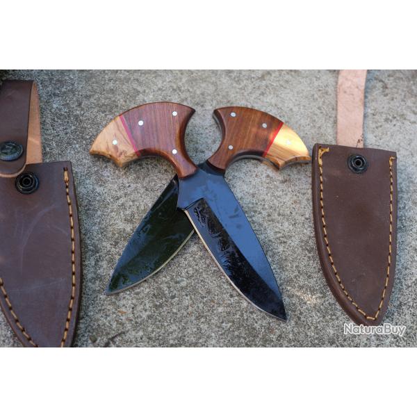 Lot de 2 Couteau Push Dagger Lame Acier Carbone 1055 Black Manche Bois Etui Cuir Fabric Artisanale