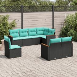Salon de jardin 8 pcs avec coussins noir r&eacute;sine tress&eacute;e
