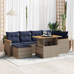 Salon de jardin avec coussins 7 pcs gris r&eacute;sine tress&eacute;e