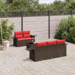 Ensemble de canap&eacute; de jardin 6 pcs avec coussins marron r&eacute;sine tress&eacute;e
