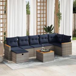 Salon de jardin 8 pcs avec coussins gris r&eacute;sine tress&eacute;e