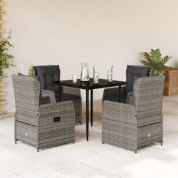 Ensemble &agrave; manger de jardin 5 pcs coussins gris r&eacute;sine tress&eacute;e