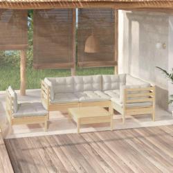 Salon de jardin 6 pcs avec coussins cr&egrave;me bois de pin