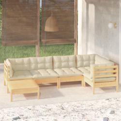 Salon de jardin 6 pcs avec coussins cr&egrave;me Bois de pin massif