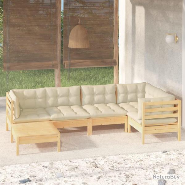 Salon de jardin 6 pcs avec coussins cr�me Bois de pin massif