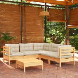 Salon de jardin 6 pcs avec coussins cr&egrave;me Bois de pin massif