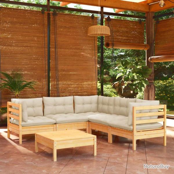 Salon de jardin 6 pcs avec coussins cr�me Bois de pin massif