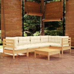 Salon de jardin 6 pcs avec coussins cr&egrave;me bois de pin