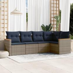 Ensemble de canap&eacute; de jardin 5 pcs avec coussins gris r&eacute;sine tress&eacute;e