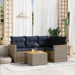 Ensemble de canap&eacute; de jardin 5 pcs avec coussins gris r&eacute;sine tress&eacute;e