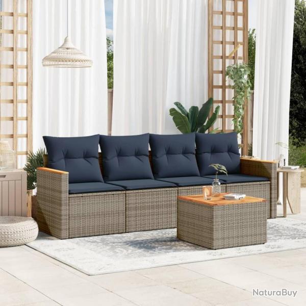 Ensemble de canap� de jardin 5 pcs avec coussins gris r�sine tress�e