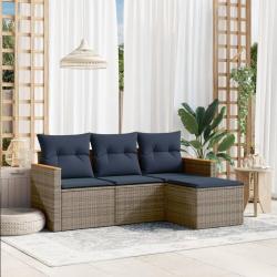Ensemble de canap&eacute; de jardin 4 pcs avec coussins gris r&eacute;sine tress&eacute;e