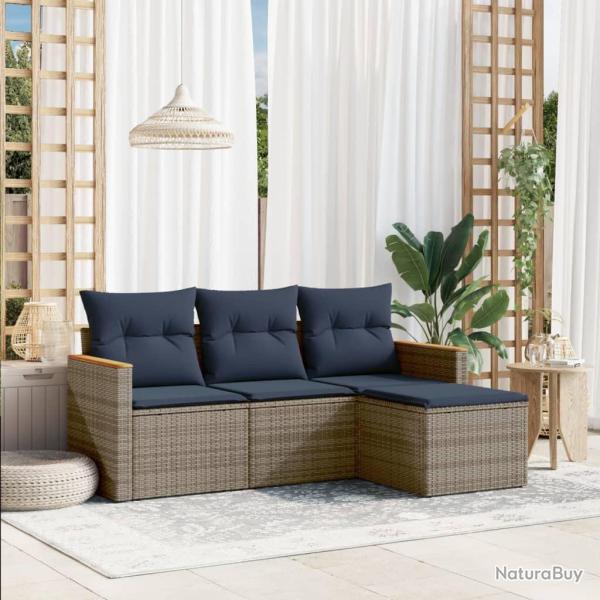 Ensemble de canap� de jardin 4 pcs avec coussins gris r�sine tress�e