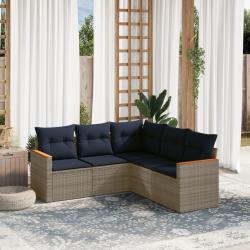 Ensemble de canap&eacute; de jardin 5 pcs avec coussins gris r&eacute;sine tress&eacute;e