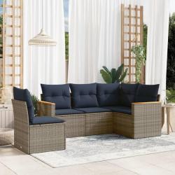 Ensemble de canap&eacute; de jardin 5 pcs avec coussins gris r&eacute;sine tress&eacute;e