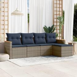 Ensemble de canap&eacute; de jardin 5 pcs avec coussins gris r&eacute;sine tress&eacute;e