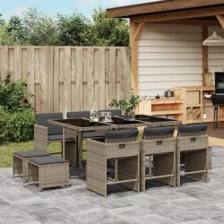 Ensemble &agrave; manger de jardin 11pcs avec coussins gris poly rotin