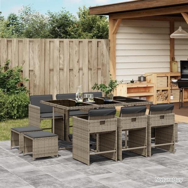 Ensemble � manger de jardin 11pcs avec coussins gris poly rotin