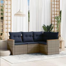 Ensemble de canap&eacute; de jardin 4 pcs avec coussins gris r&eacute;sine tress&eacute;e