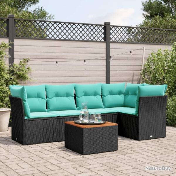Salon de jardin 6 pcs avec coussins noir r�sine tress�e