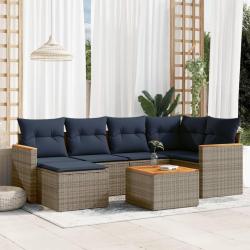 Ensemble de canap&eacute; de jardin 7 pcs avec coussins gris r&eacute;sine tress&eacute;e