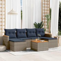 Ensemble de canap&eacute; de jardin 7 pcs avec coussins gris r&eacute;sine tress&eacute;e