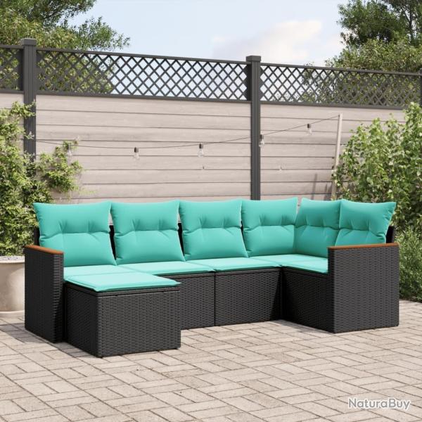 Salon de jardin 6 pcs avec coussins noir r�sine tress�e