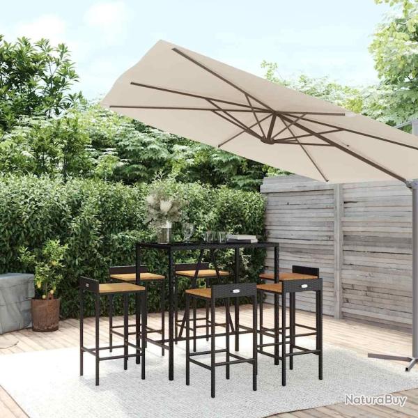 Ensemble de bar jardin 7 pcs noir poly rotin/bois massif acacia